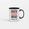 Bold white “Death Before Decaf” text on black background with subtle red accents and coffee bean icons