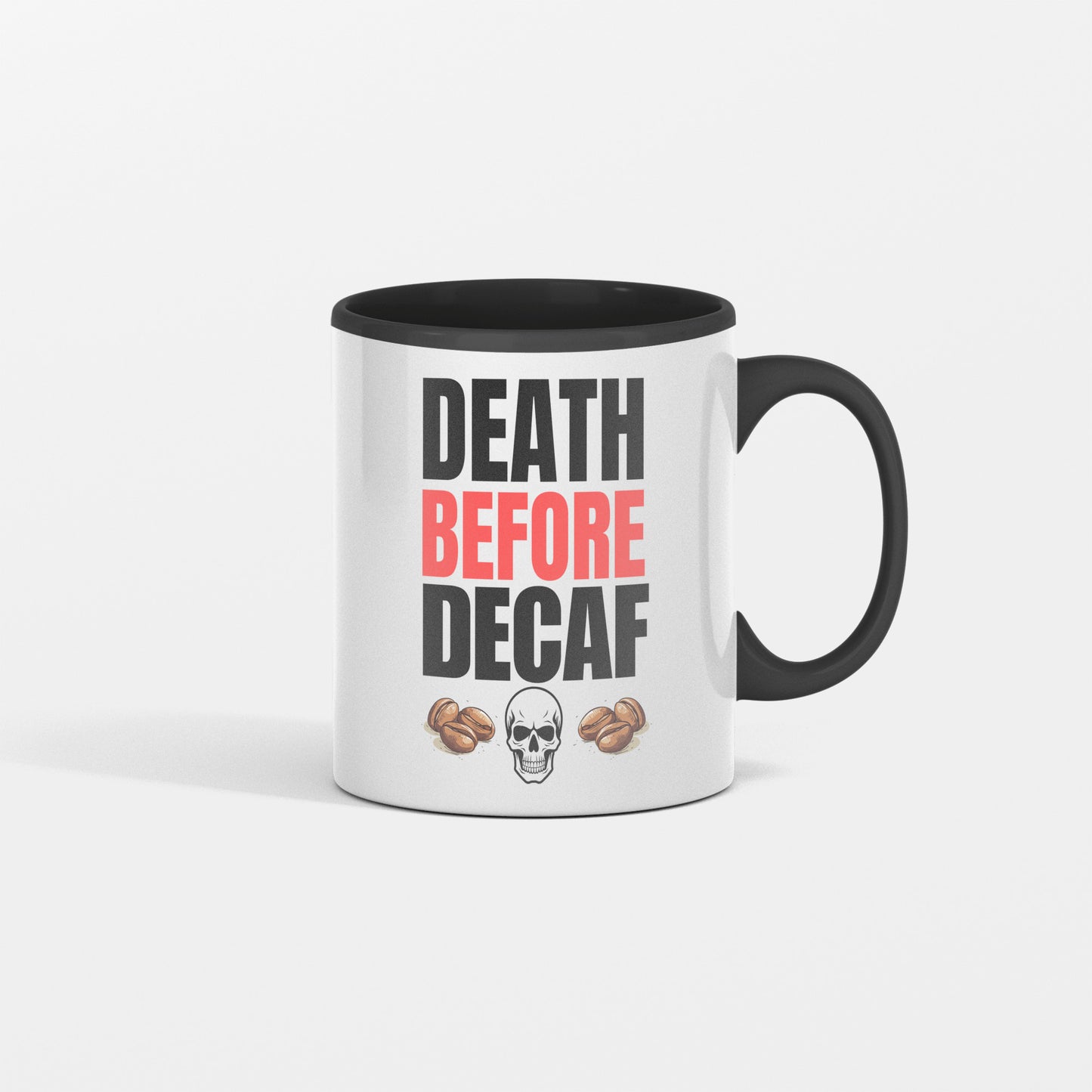 Bold white “Death Before Decaf” text on black background with subtle red accents and coffee bean icons