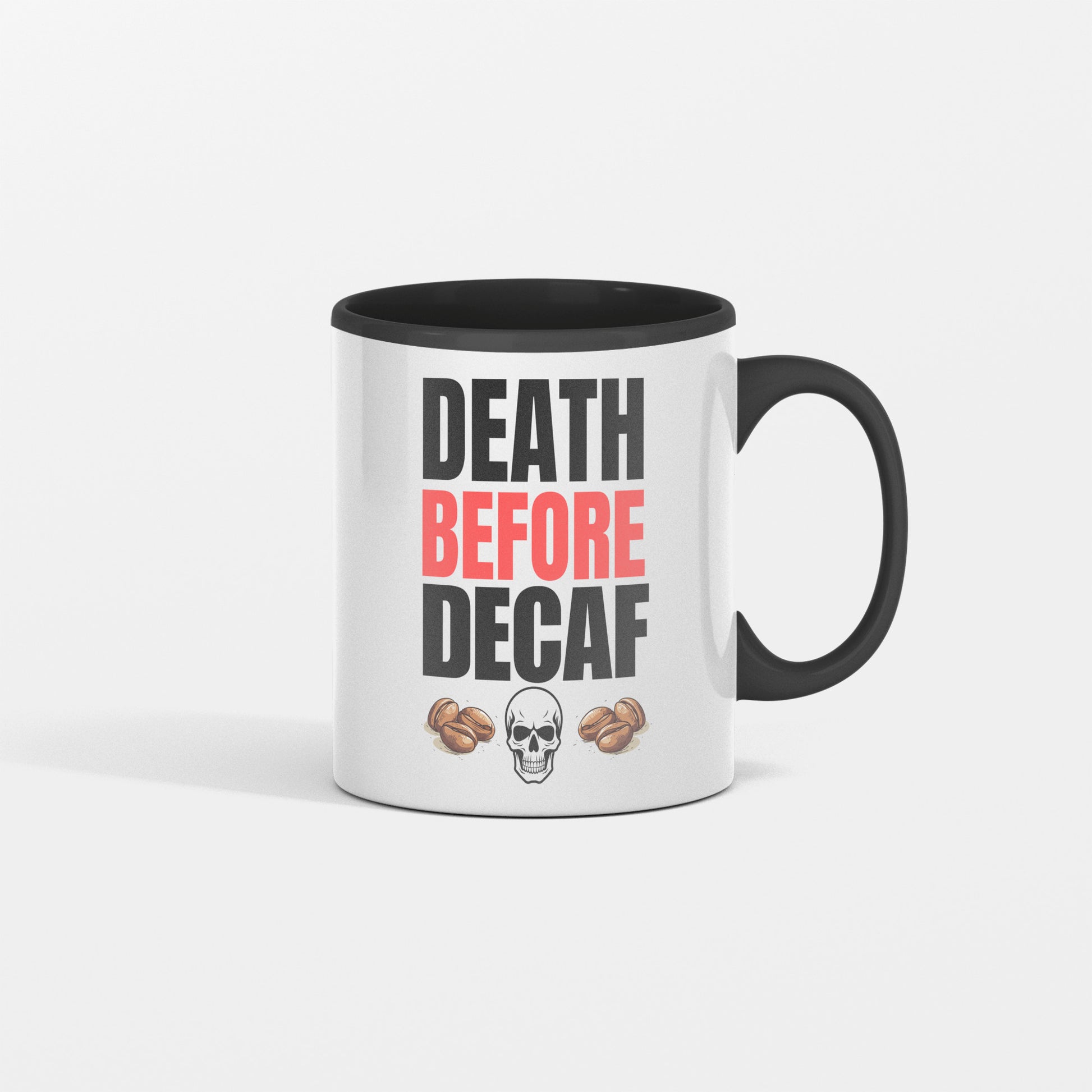 Bold white “Death Before Decaf” text on black background with subtle red accents and coffee bean icons