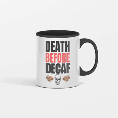 Bold white “Death Before Decaf” text on black background with subtle red accents and coffee bean icons