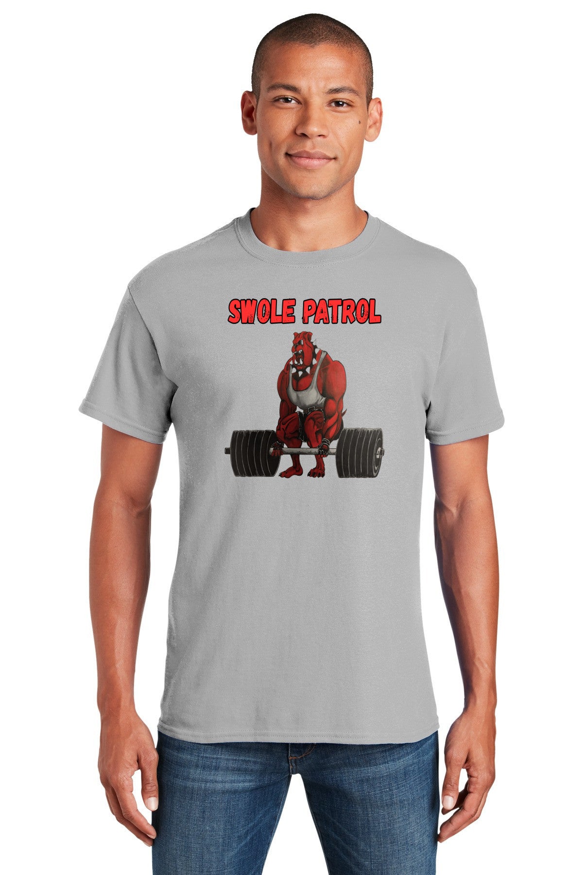 
Jacked red bulldog mascot deadlifting heavy weights on the SWOLE PATROL T-Shirt by Teka Originals.