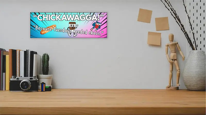 Rustic “Chickawagga!” funny wall plaque with bold, playful lettering and whimsical design, perfect for kitchens, living rooms, or as a quirky gift.