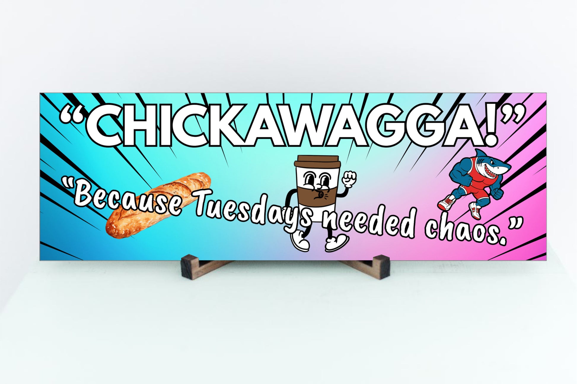 Rustic “Chickawagga!” funny wall plaque with bold, playful lettering and whimsical design, perfect for kitchens, living rooms, or as a quirky gift.

