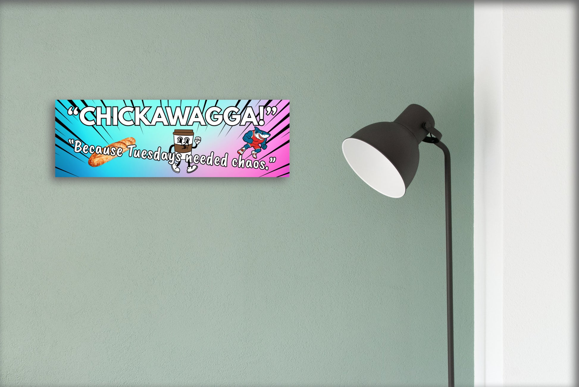 Rustic “Chickawagga!” funny wall plaque with bold, playful lettering and whimsical design, perfect for kitchens, living rooms, or as a quirky gift.


