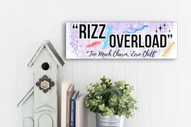“Rizz Overload: Too Much Charm, Zero Chill” funny humorous wall plaque in rustic wood finish, perfect for confident and sassy personalities.