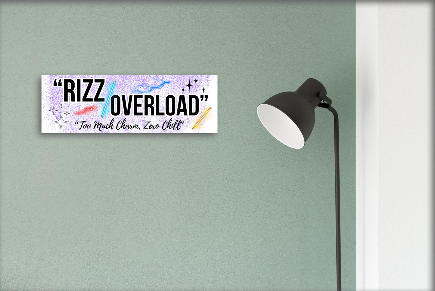 “Rizz Overload: Too Much Charm, Zero Chill” funny humorous wall plaque in rustic wood finish, perfect for confident and sassy personalities.