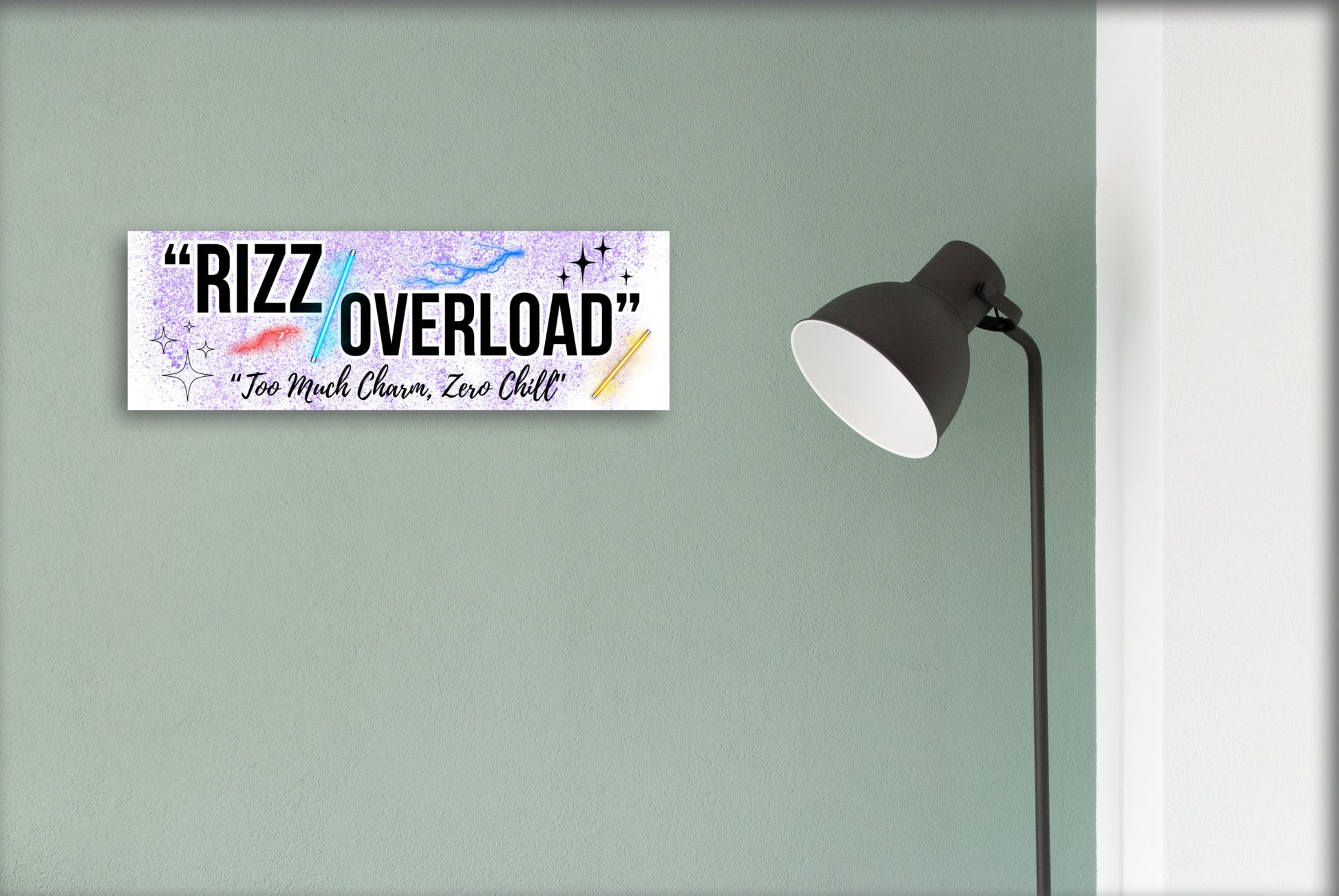 “Rizz Overload: Too Much Charm, Zero Chill” funny humorous wall plaque in rustic wood finish, perfect for confident and sassy personalities.
