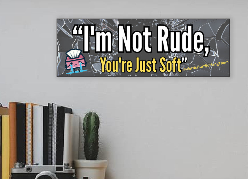 Funny sarcastic wall plaque reading “I’m Not Rude, You’re Just Soft” – bold typography home and office decor by Teka Originals.