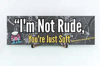 Funny sarcastic wall plaque reading “I’m Not Rude, You’re Just Soft” – bold typography home and office decor by Teka Originals.