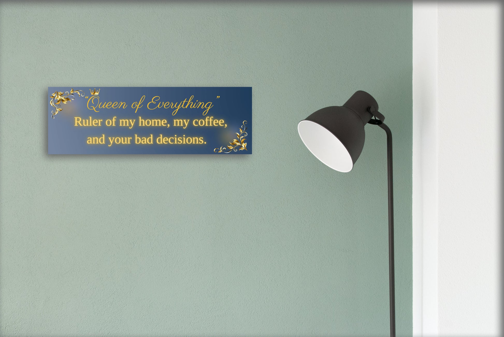 Elegant “Queen of Everything” funny wall plaque with gold lettering and crown design, perfect humorous home décor gift for women.