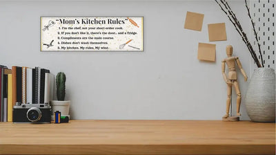 Rustic “Mom’s Kitchen Rules” funny wall plaque with bold black lettering and playful rules, perfect humorous kitchen décor gift for moms.
