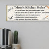 Rustic “Mom’s Kitchen Rules” funny wall plaque with bold black lettering and playful rules, perfect humorous kitchen décor gift for moms.