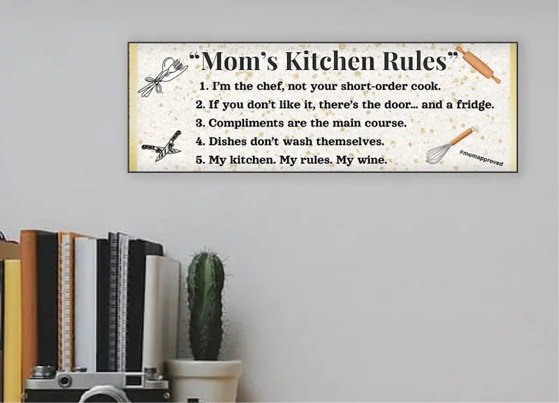 Rustic “Mom’s Kitchen Rules” funny wall plaque with bold black lettering and playful rules, perfect humorous kitchen décor gift for moms.