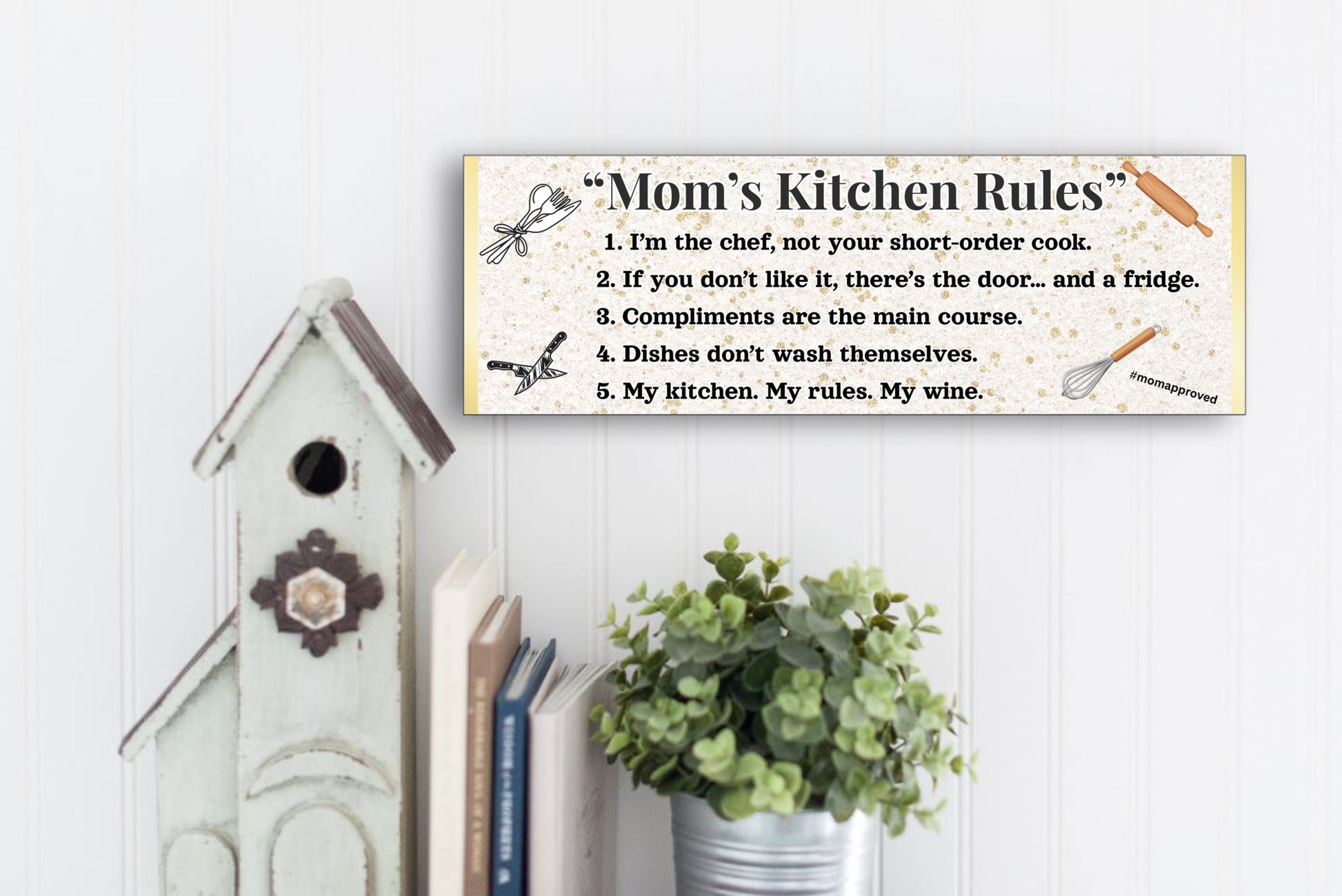 Rustic “Mom’s Kitchen Rules” funny wall plaque with bold black lettering and playful rules, perfect humorous kitchen décor gift for moms.
