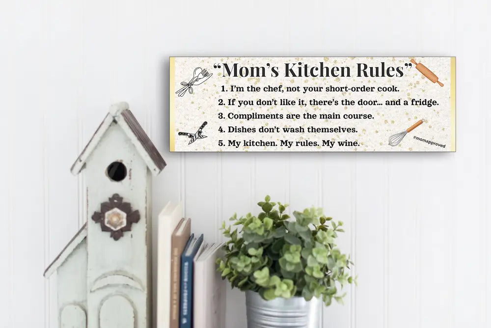 Rustic “Mom’s Kitchen Rules” funny wall plaque with bold black lettering and playful rules, perfect humorous kitchen décor gift for moms.