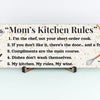 Rustic “Mom’s Kitchen Rules” funny wall plaque with bold black lettering and playful rules, perfect humorous kitchen décor gift for moms.
