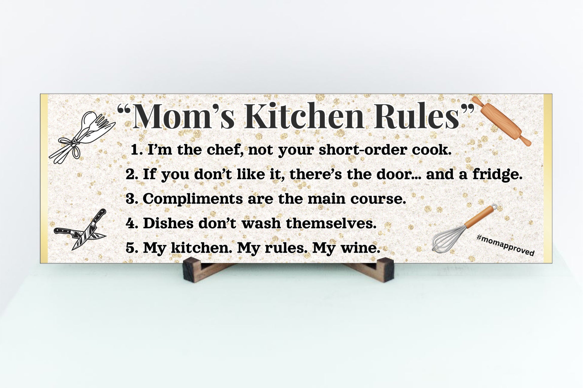 Rustic “Mom’s Kitchen Rules” funny wall plaque with bold black lettering and playful rules, perfect humorous kitchen décor gift for moms.