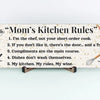Rustic “Mom’s Kitchen Rules” funny wall plaque with bold black lettering and playful rules, perfect humorous kitchen décor gift for moms.