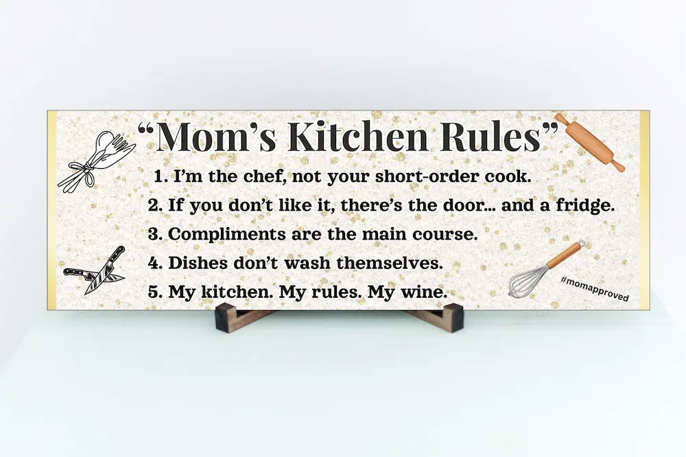 Rustic “Mom’s Kitchen Rules” funny wall plaque with bold black lettering and playful rules, perfect humorous kitchen décor gift for moms.