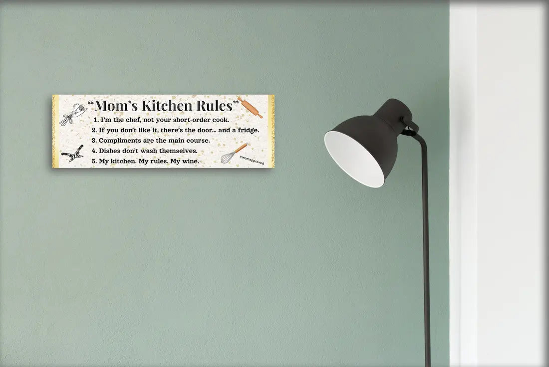 Rustic “Mom’s Kitchen Rules” funny wall plaque with bold black lettering and playful rules, perfect humorous kitchen décor gift for moms.
