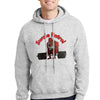 Man wearing SWOLE PATROL Hoodie flexing in gym with dumbbells.