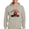 Man wearing SWOLE PATROL Hoodie flexing in gym with dumbbells.