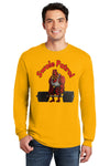 Athlete wearing SWOLE PATROL long sleeve gym motivation t shirt mid workout.