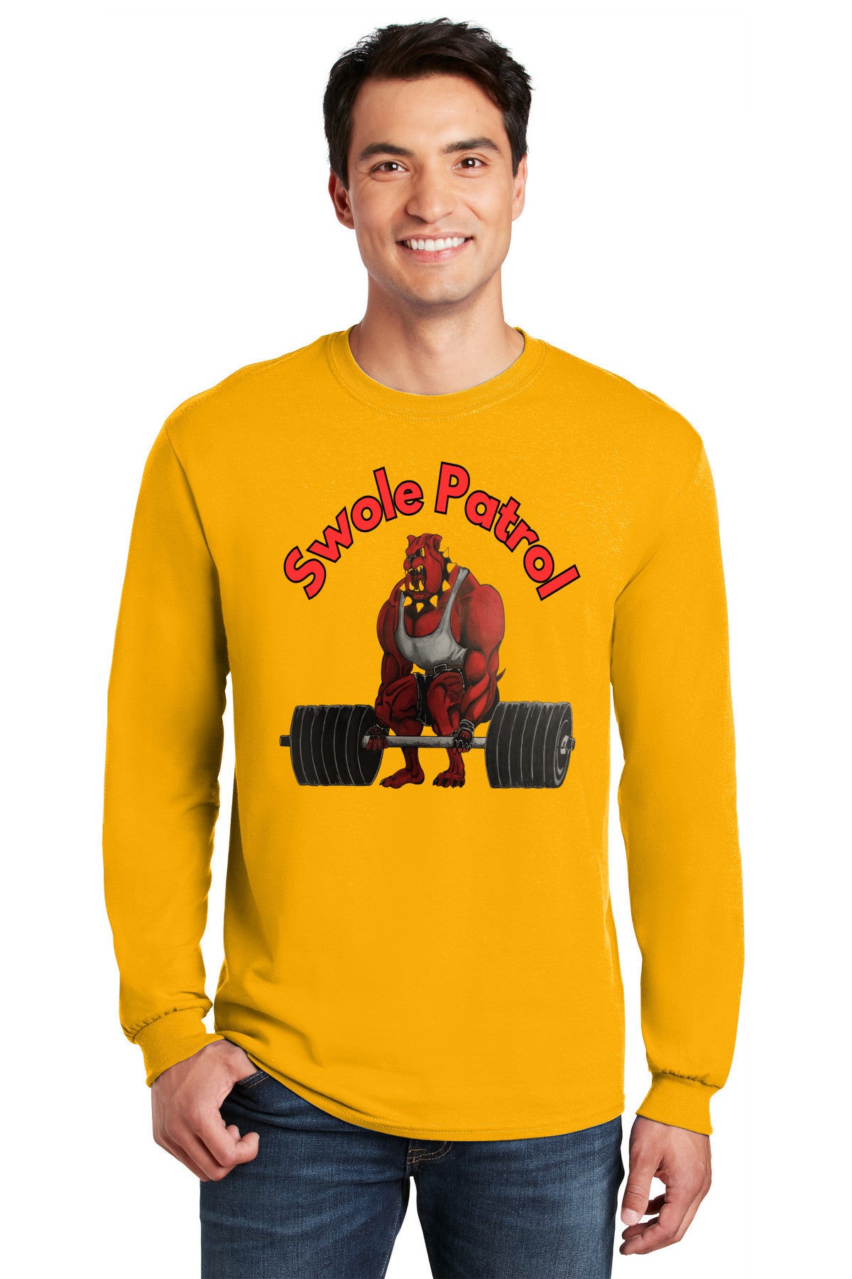 Athlete wearing SWOLE PATROL long sleeve gym motivation t shirt mid workout.