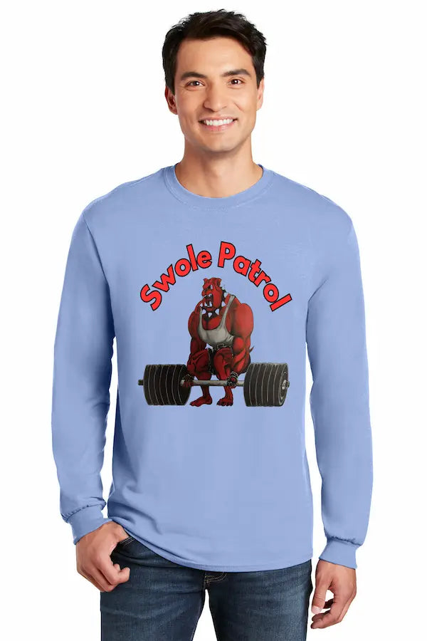 Athlete wearing SWOLE PATROL long sleeve gym motivation t shirt mid workout.