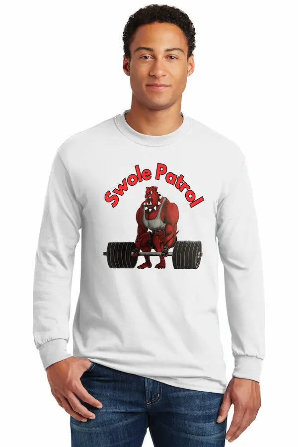 Athlete wearing SWOLE PATROL long sleeve gym motivation t shirt mid workout.