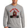 Athlete wearing SWOLE PATROL long sleeve gym motivation t shirt mid workout.