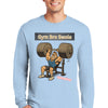Man wearing GYM BRO SWOLE long sleeve gym t-shirt flexing in gym.