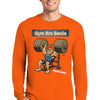 Man wearing GYM BRO SWOLE long sleeve gym t-shirt flexing in gym.