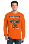 Man wearing GYM BRO SWOLE long sleeve gym t-shirt flexing in gym.