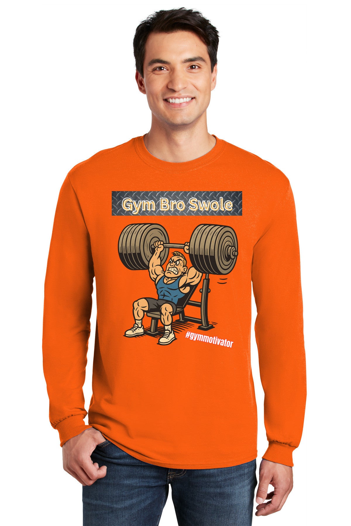 Man wearing GYM BRO SWOLE long sleeve gym t-shirt flexing in gym.