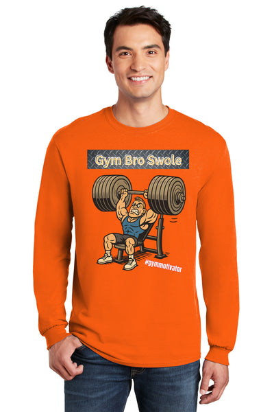 Man wearing GYM BRO SWOLE long sleeve gym t-shirt flexing in gym.