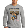 Man wearing GYM BRO SWOLE long sleeve gym t-shirt flexing in gym.