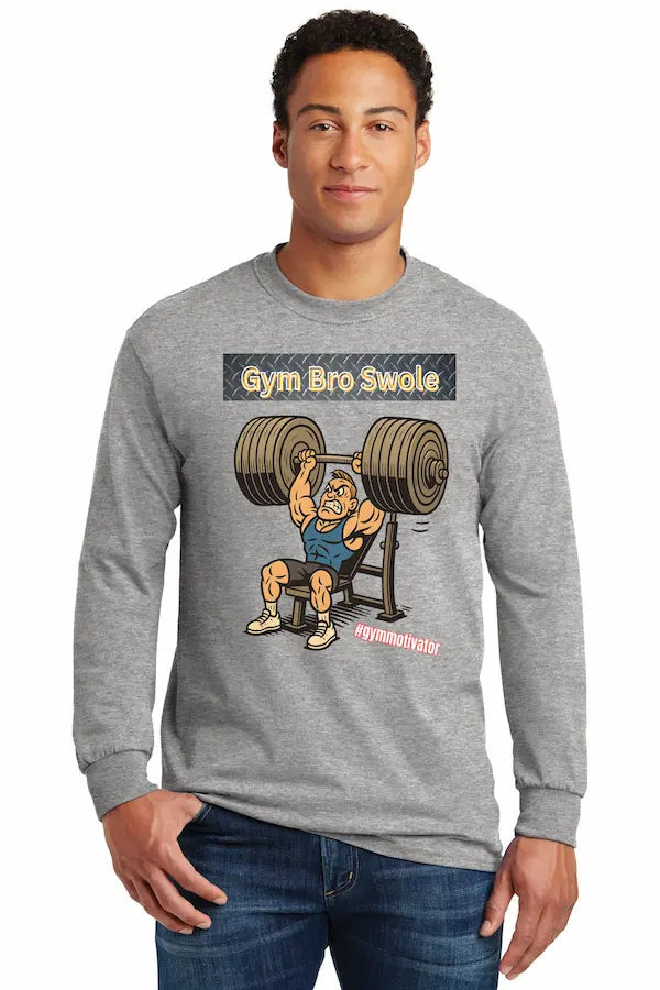 Man wearing GYM BRO SWOLE long sleeve gym t-shirt flexing in gym.