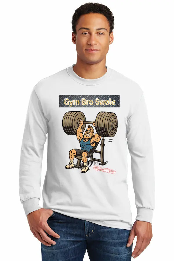 Man wearing GYM BRO SWOLE long sleeve gym t-shirt flexing in gym.