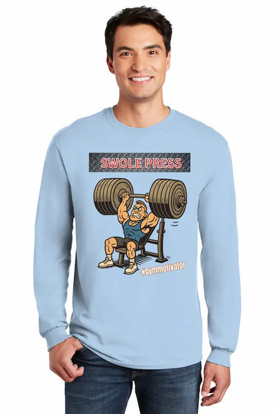 Athlete wearing SWOLE PRESS long sleeve gym t-shirt pressing barbell.