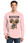Athlete wearing SWOLE PRESS long sleeve gym t-shirt pressing barbell.