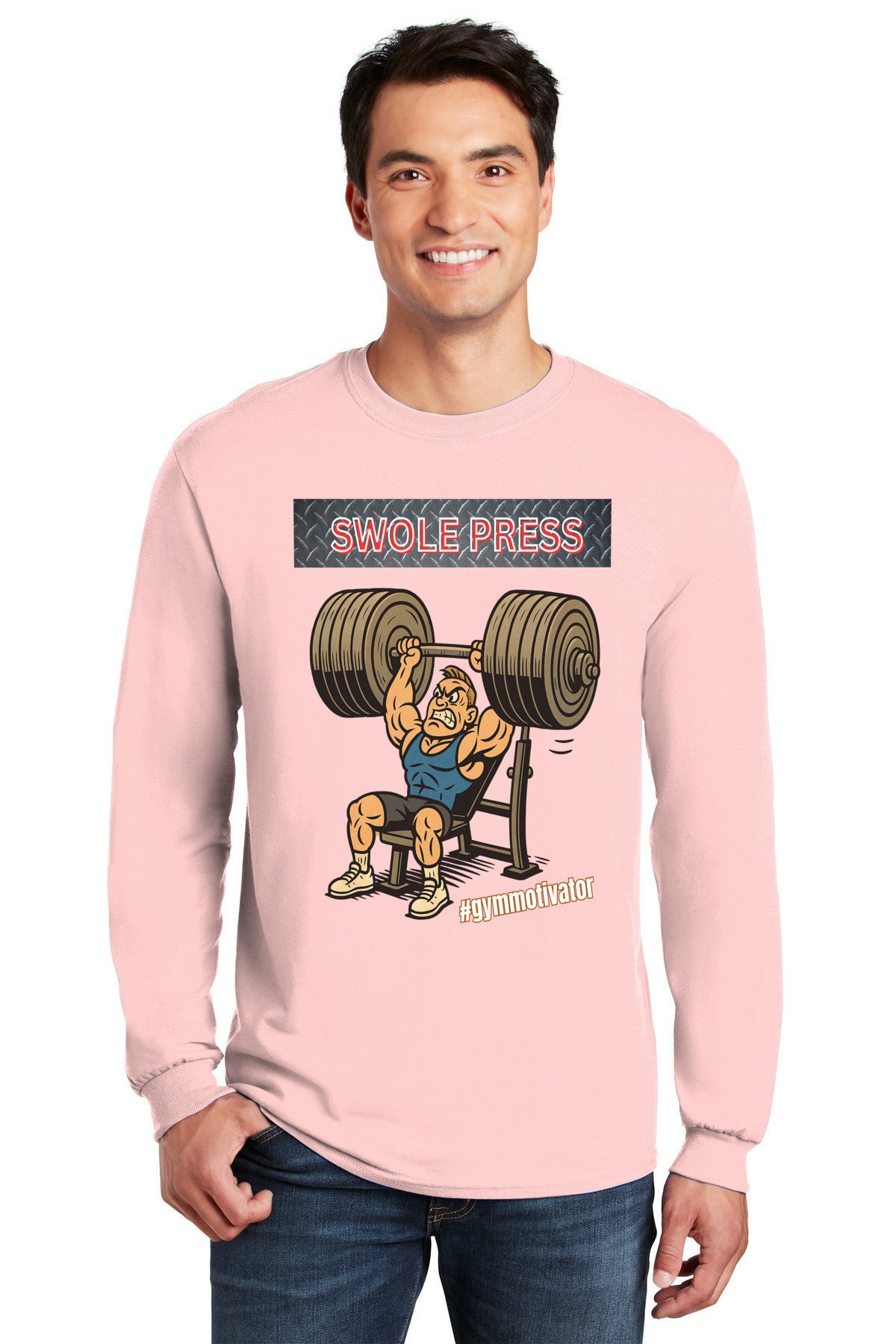 Athlete wearing SWOLE PRESS long sleeve gym t-shirt pressing barbell.