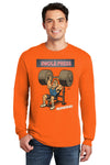 Athlete wearing SWOLE PRESS long sleeve gym t-shirt pressing barbell.