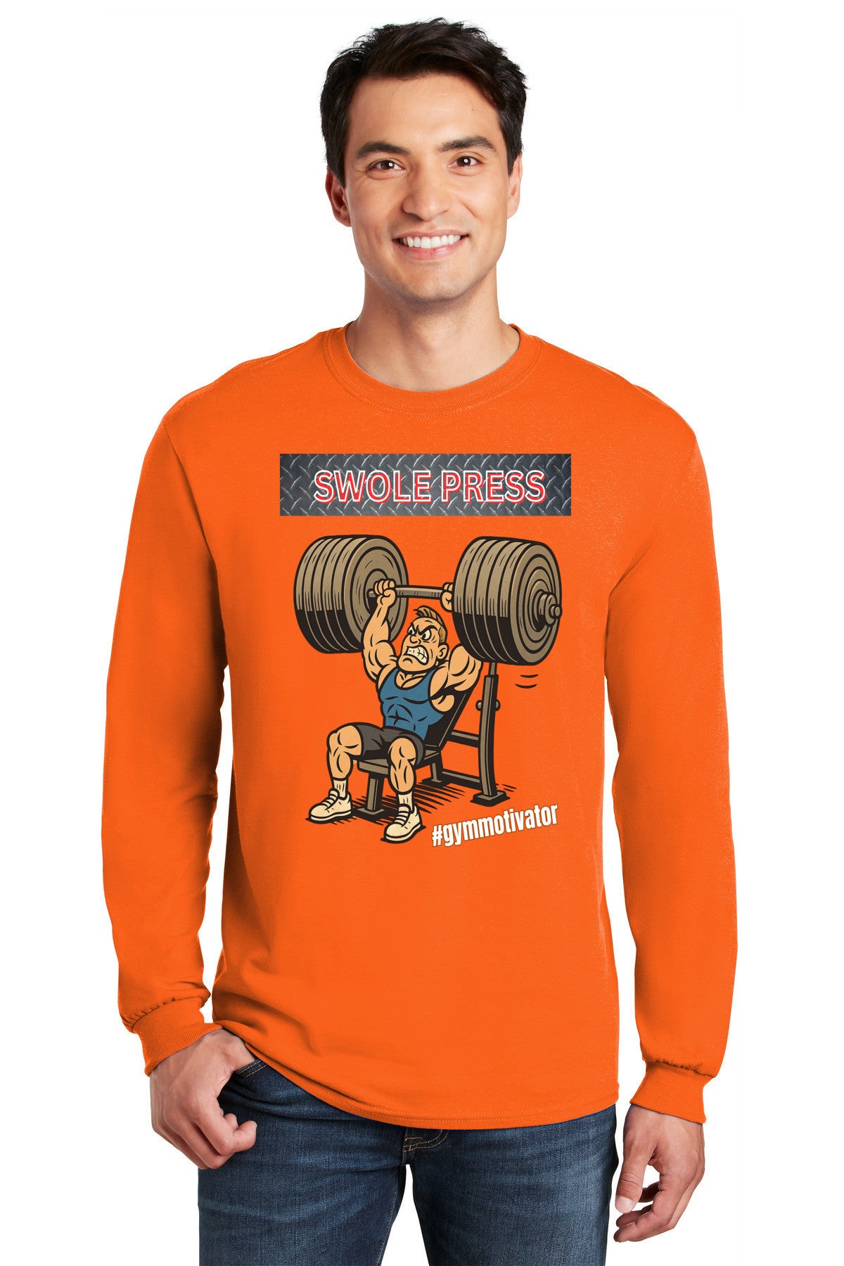 Athlete wearing SWOLE PRESS long sleeve gym t-shirt pressing barbell.