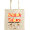 Canvas tote bag featuring colorful illustrated metabolic wellness spices including cinnamon, turmeric, and ginger, with sturdy cotton straps.