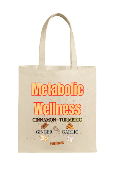 Canvas tote bag featuring colorful illustrated metabolic wellness spices including cinnamon, turmeric, and ginger, with sturdy cotton straps.