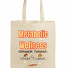 Canvas tote bag featuring colorful illustrated metabolic wellness spices including cinnamon, turmeric, and ginger, with sturdy cotton straps.