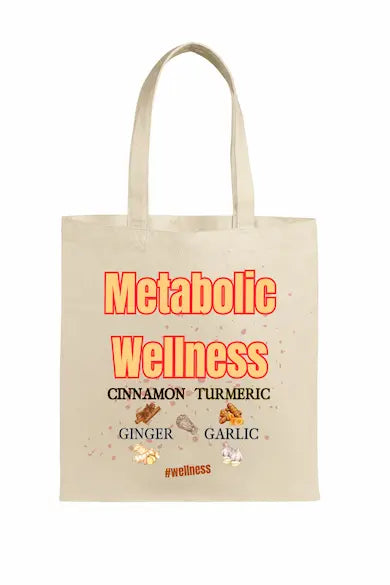 Canvas tote bag featuring colorful illustrated metabolic wellness spices including cinnamon, turmeric, and ginger, with sturdy cotton straps.