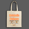 Canvas tote bag featuring colorful illustrated metabolic wellness spices including cinnamon, turmeric, and ginger, with sturdy cotton straps.