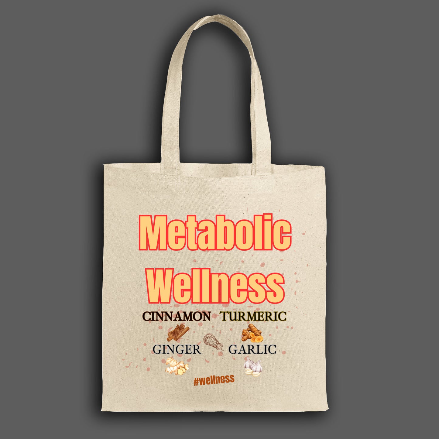 Canvas tote bag featuring colorful illustrated metabolic wellness spices including cinnamon, turmeric, and ginger, with sturdy cotton straps.